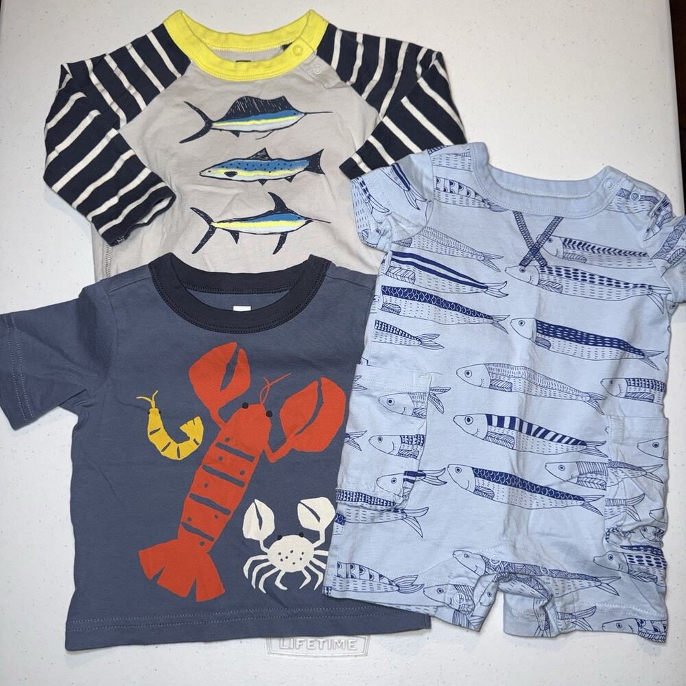 Tea Collection Baby Boy Lot Of 3 Rompers T Shirt Beach Fish Size 3-6M, 6-9M
